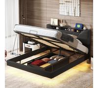 Mutuolux Générique Lit Coffre 160x200 cm, Lits capitonné avec Rangement, Tête de lit avec Port USB de Type C, Lumière LED, lit Double avec sommier à Lattes, PU, Noir