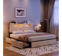 Mutuolux Lit Coffre 140x190 cm Rangement avec 4 Tiroirs, Double Adulte Lit Capitonné avec Sommier à Lattes,Tête de Lits avec Éclairage LED&USB(sans Matelas) (Beige, 140x190 cm)