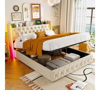 Mutuolux Lit Coffre 140x200 cm Capitonné avec Rangement,Double Adulte Lit avec Sommier à Lattes,Tête de avec Éclairage LED, Velours,Beige(Beige, 140x200 cm)
