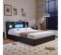 Mutuolux Lit Coffre 160x200 cm avec LED et Ports USB,Lit Double Rembourré avec Sommier à Lattes,Tete de Lits avec Rangement,2 Personnes Bed pour Adultes et Adolescents,Lin (Noir, 160x200)