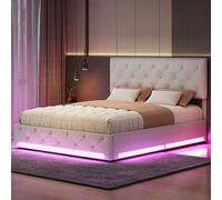 Mutuolux Lit Coffre 160x200 Sommier avec Tête de Réglable et éclairage LED,Rembourré avec Rangement, Double avec Hydraulique,2 Personnes pour Adultes, Adolescents,Lin,Beige