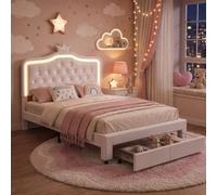 Mutuolux Lit Fille LED 140x200 cm avec 2 Tiroirs de Rangement et Couronne - Cuir PU Imperméable Nettoyage Facile, Éclairage RGB Réglable et Gain d'Espace (sans Matelas)