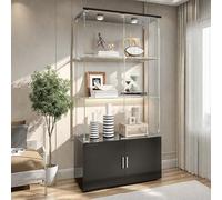 Mutuolux Vitrine Noire 3 Étagères avec Éclairage LED Tactile - Meuble de Rangement Multifonction pour Salon,Chambre ou Bureau,Verre Trempé et Espace de Stockage Caché