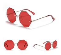 MUTYNE Lunettes de soleil octogonales sans monture femmes lunettes de polygone sans cadre en métal rétro pour dames vert violet Uv400, or avec rouge, taille unique