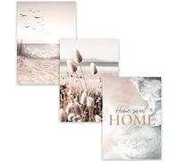 MUUDLY® Lot de 3 posters - 50 x 70 cm - Motifs : plage et herbe de la pampa - Impression d'art moderne en format portrait - Sans cadre - Grande décoration murale pour salon et chambre à coucher