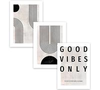 MUUDLY® Lot de 3 posters - 50 x 70 cm - Tableau mural abstrait - Noir et beige - Impression d'art moderne en format portrait - Sans cadre - Grande décoration murale pour salon et chambre à coucher