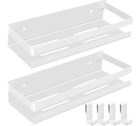 MUUKAIII Etagere Salle de Bain Sans Percage Blanc 2 Pièces Etagere Douche Inox avec 4 Crochets 30cm Etagere Douche Sans Percage Rangement et Organisation de La Salle de Bain Porte Gel Douche