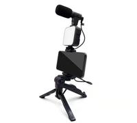 Muuoeou Trépied de téléphone portable avec microphone, kit de création vidéo Vlog à LED pour enregistrement en direct, selfie étude A