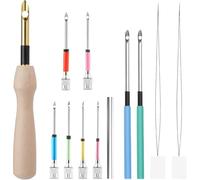 Muuookka 12 Pcs Punch Kit, Embroidery Wooden Handles Punch Tool Adjustable Needle,for Adult Beginners, DIY Craft