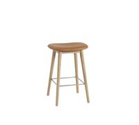 Tabouret de Bar Muuto Fiber m. Base en Bois Rembourré en Cuir Cognac/Chêne H66 cm