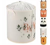 MUVAX Panier à linge cylindrique pliable en lin - Grand panier de rangement pour chambre de bébé, jouets, couvertures et vêtements - Organiseur pour chambre d'enfant et maison (inscription bébé)