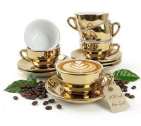 MUVELL Lot de 6 tasses à cappuccino de 200 ml - Doré brillant - Style italien - Paroi extra épaisse de 8 mm et version lourde - Set tasses à cappuccino avec soucoupes - Coffret
