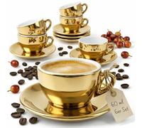 MUVELL Lot de 6 tasses à espresso de 60 ml - Doré brillant - Style italien - Paroi extra épaisse de 8 mm et version lourde - Set tasses à espresso avec soucoupes - Coffret