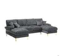 Muvoe Canapé d'angle panoramique en U - CasaLuxe - Tissu chenille - 6 places - H 15cm pieds - Gris