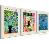 MUWAK Monet Lot de 3 peintures sur toile représentant un chat noir Van Gogh, champ de fleurs, image esthétique abstraite de chat noir pour chambre, salon, salle de bain, 30,5 x 40,6 cm encadrée