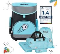 MUWO Ensemble cartable pour enfant 5 pièces, sac à dos ergonomique léger avec sac de sport, sac de gym, trousse à crayons, seulement 920 g, Design football