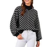 Muwodkdn Pull Femme Rayé à Col Roulé Chic et Elegant Ample Mode Pullover Femme Hiver Décontracté Sweater Hauts Manche Longue Automne Pull Tricoté Noir L