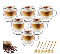 MUXHEL Lot de 6 tasses en verre à double paroi de 250 ml pour boissons chaudes avec poignées et cuillère - Tasses à café isothermes en verre résistant à la chaleur pour latte, thé, cappuccino, lait