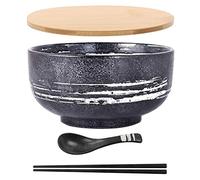 MUXUE Bol Japonais Ramen Vintage avec Cuillère à Couvercle Bol Ramen en Céramique Bol de Riz Dessiné à La Main Bol de Nouilles Instantanées 6,5 Pouces