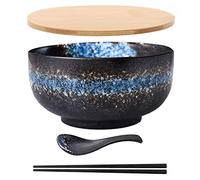 MUXUE Bol Japonais Ramen Vintage avec Cuillère à Couvercle Bol Ramen en Céramique Bol de Riz Dessiné à La Main Bol de Nouilles Instantanées 6,5 Pouces