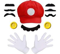 MUYAPAY Costume Accessoires Cosplay Costume Héros D'enfance Casquette Deguisement Enfant Accessoires Diademe Déguisement Drole avec Bonnet Barbe Gants pour Adulte Ensemble Décoration Fête (Rouge)