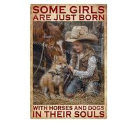 MUYIASER Plaque en métal vintage « Girls Are Just Born With Horses And Dogs » - Plaque en métal rétro en aluminium pour chambre, jardin, maison, bar, café - 20,3 x 30,5 cm