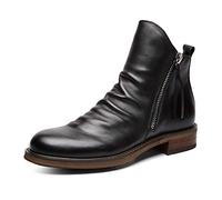 Muyin Chelsea Bottes for Hommes PU Gland avec Double Fermeture éclair plissé Orteil Bruni antidérapant Anti-dérapant imperméable Portable Robe Classique (Color : Noir, Size : 44 EU)