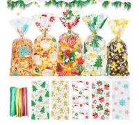 Muyohix 150 pcs Sachet Bonbon Noël, Sacs Cadeaux de Noel avec 180 Bandes Torsadées, Sachets Transparents Bonbons Sac de Biscuits et de Cadeaux Pour Emballer Des Biscuits Gâteau Au Chocolat Confiserie