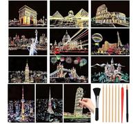 Muyohix Lot de 12 Dessin Gratter pour Adulte Enfants, Papier à Gratter A5, Kits de Scratch Art avec 9 Outils, Carte à Gratter pour Écriture, Jeux, Activité Manuelle pour Adulte (Vue Nocturne)