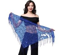 MUZIZY Femmes Belly Dance Crypté Fil Tissage Grille Dynamique Fringe Sequins Triangle Gland Hanches Foulard Performance Outfit pour Les Filles,Sapphire Blue,One Size