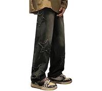 MuziZy Jean baggy vintage étoile patchwork Y2K pour femme - Taille haute - Jambe droite - Pantalon Emo Grunge avec poches, Noir , L