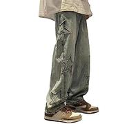 MuziZy Jean baggy vintage étoile patchwork Y2K pour femme - Taille haute - Jambe droite - Pantalon Emo Grunge avec poches, bleu, XXL