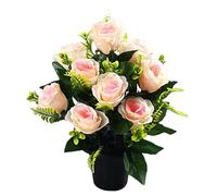 Muzrunq Fleurs de cimetière pour Tombe, 15 Pouces, 12 têtes de Roses artificielles avec Pot, Fleurs funéraires en Soie pour Pierres tombales