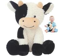 Muzrunq Peluche de Vache avec Sourire en Forme de Fleur Noire et Blanche - Peluche Confortable pour Filles - Oreiller câlin pour Enfants garçons et Filles (Assis - Blanc 22 cm)