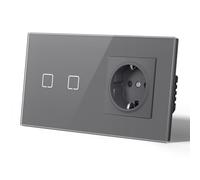 MVAVA Interrupteur Tactile Connecté Intelligent, WiFi Interrupteur de Verre Compatible avec Alexa/Google Home, Ligne neutre nécessite, 157MM, 2 Gang 1 Way avec Prise, Gris