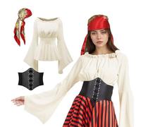 MVFEUIJ Costume de pirate pour femme médiéval, foulard, écharpe, costume de pirate, pour carnaval, cosplay, blanc cassé, taille XS