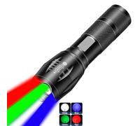 MVIOCS Lampe torche rechargeable 4 en 1 - LED multicolore (blanc/rouge/bleu/vert) avec 4 modes, haute luminosité zoomable pour camping, observation, urgence et aventures en plein air