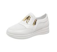 MVNB Baskets grises couleur unie maille cuir panneau fermeture éclair latérale semelle épaisse chaussures de sport décontractées baskets pour femme, blanc, 37 EU