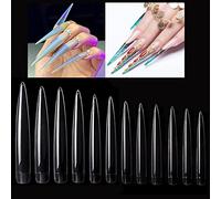 Mwoot 120 Pièces Extra Longs Stiletto Faux ongles Kits, Couverture complète Artificiels Faux ongles, 12 Tailles Tips pour Femmes DIY les salons de vernis à ongles, French False Nail Tips (Clair)