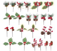 MWOOT 24 Pièces Pics de Pin Artificiels de Noël avec Baies Rouges Pommes de Pin, Branches de Sapin Artificielles pour Guirlande Arbre de Noël Table Maison Décoration