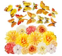 MWOOT 26 Pieces Fleurs Artificielles Papillons 3D, Têtes de Fleurs Rose Œillet Artificielles, Petite Fausse Fleur Deco pour DIY Gâteau Bouquet Couronne Mariage Fête Maison Jardin Artisanat(Jaune)