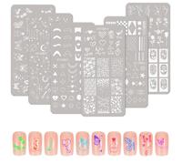 MWOOT 6 Pièces Nail Art Plaques Stamping, French Manucure Imprimer Rayures Géométrie Fleur Cœur Papillon Lune Étoile Thème Nail Stamping Plate, Tampon Ongle Nail Art Reutilisable pour Femmes
