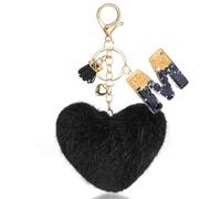 MWOOT Cœur Pom pom Porte-clés, Peluche Porte-clés pour Femmes Sac à Dos Bourse Clef de voiture Sac, avec Résine Nom lettre M Noir