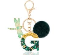 MWOOT Initiale Letter Keychains Porte Clé Lettre A,Alphabet Initial Keyring avec Libellule Pompon Pendentif,Vert Key Ring pour Femmes Portefeuilles Sac à Main Bagages Charme (G)