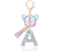 MWOOT Initiale Letter Keychains Porte Clé Lettre A,Alphabet Initial Keyring avec Papillon Pendentif,Pourpre Key Ring pour Femmes Portefeuilles Sac à Main Bagages Charme (A)