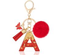 MWOOT Initiale Letter Keychains Porte Clé Lettre A,Alphabet Initial Keyring avec Papillon Pompon Pendentif,Rouge Feuille D'or Key Ring pour Femmes Portefeuilles Sac à Main Bagages Charme(A)