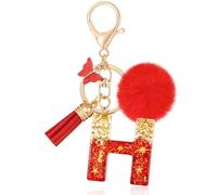 MWOOT Initiale Letter Keychains Porte Clé Lettre,Alphabet Initial Keyring avec Papillon Pompon Pendentif,Rouge Feuille D'or Key Ring pour Femmes Portefeuilles Sac à Main Bagages Charme
