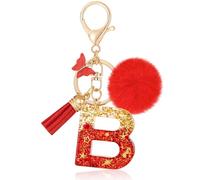 MWOOT Initiale Letter Keychains Porte Clé Lettre B,Alphabet Initial Keyring avec Papillon Pompon Pendentif,Rouge Feuille D'or Key Ring pour Femmes Portefeuilles Sac à Main Bagages Charme(B)