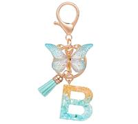 MWOOT Initiale Letter Keychains Porte Clé Lettre B,Alphabet Porte Clef Resine Lettre avec Papillon Pendentif,Vert Feuille D'or Resin Key Ring pour Femmes Filles Portefeuilles Sac à Main Charme(B)