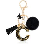 MWOOT Initiale Letter Keychains Porte Clé Lettre C,Alphabet Initial Keyring avec Papillon Pompon Pendentif,Porte-clés Noir Feuille D'or Key Ring pour Femmes Portefeuilles Bagages Charme (C)